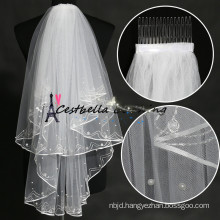 short 2 layers ivory wedding veil with beads